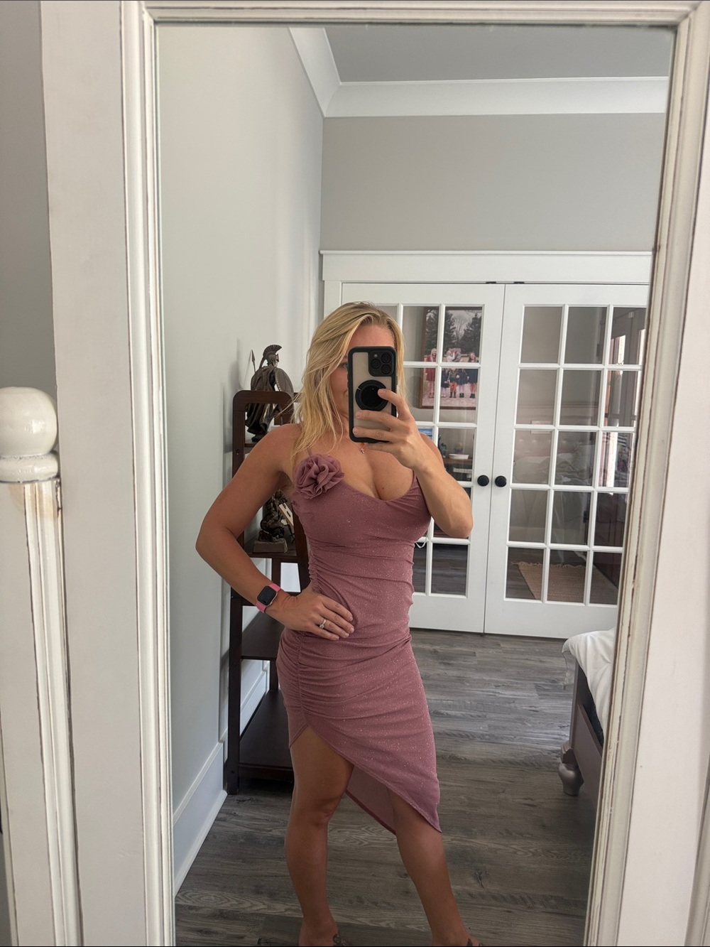 Mauve One-Shoulder Bodycon Dress with Floral Detail